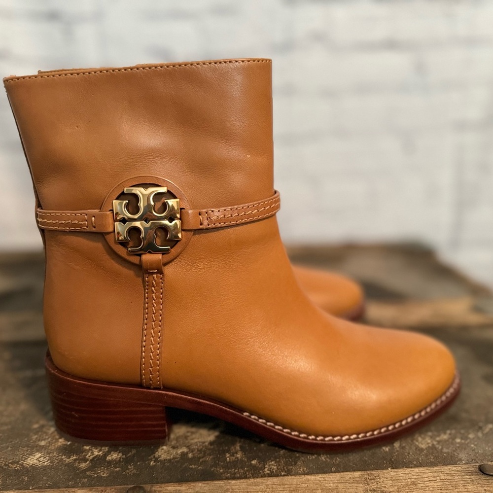 New Tory Burch Miller brown Leather Bootie 45MM Heel Zip Up Shoes Size 7